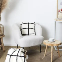Coussin sherpa blanc carreaux no